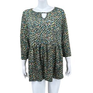 Cocomo Top Womens Plus 2X Green Multi Knit Metallic Sheer Keyhole Stretch Office